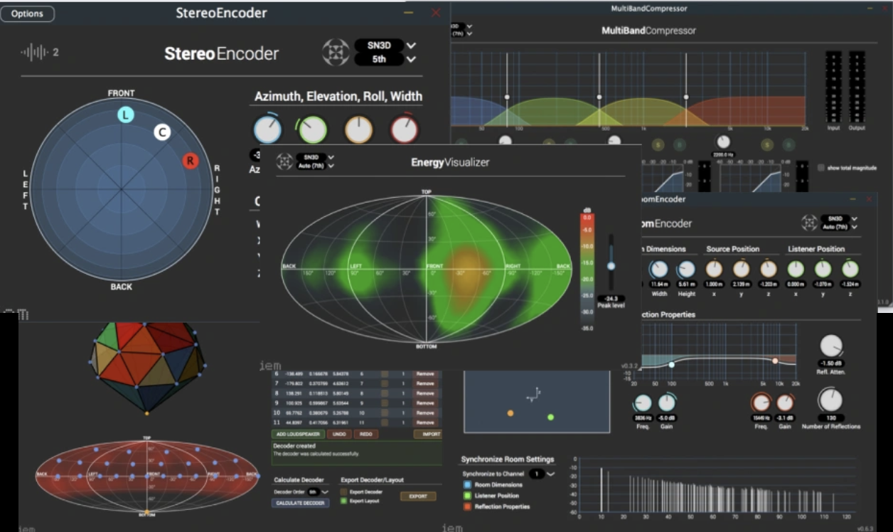 A collage of the IEM Plug-in Suite ambisonics tools used on Fractured Eden — StereoEncoder, MultiBandCompressor, EnergyVisualizer, RoomEncoder and the AllRAD decoder view.