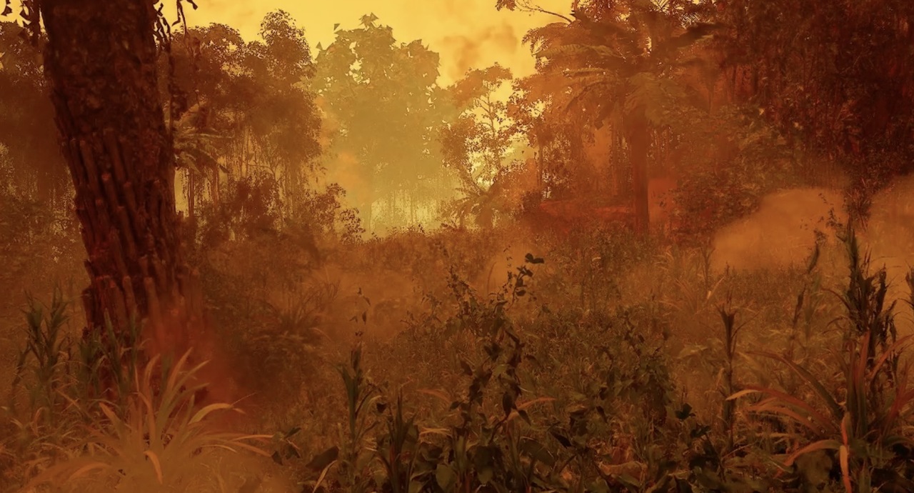 A hazy, fire-lit rainforest clearing rendered in Unreal Engine for Fractured Eden