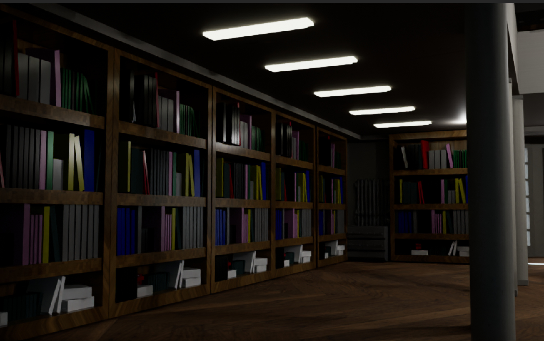 Rendered rows of bookshelves in the library interior, lit and textured.