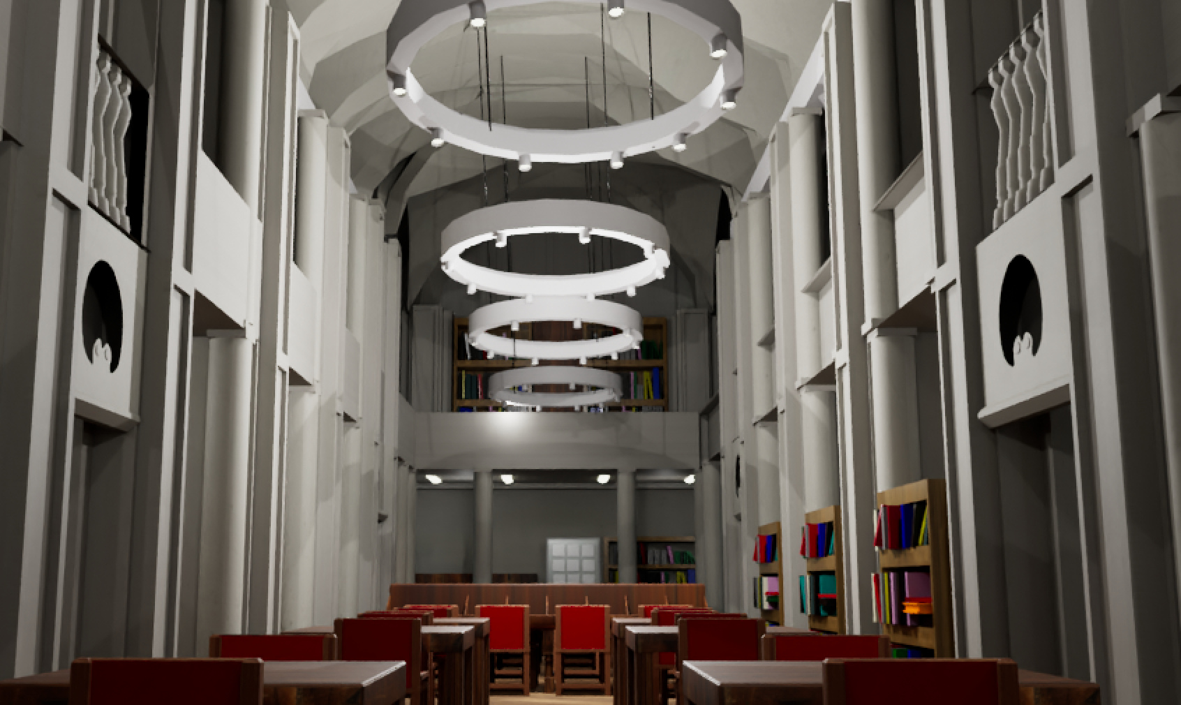 Final render of the Virtual Environment Design project — an interior library hall modelled in Autodesk Maya