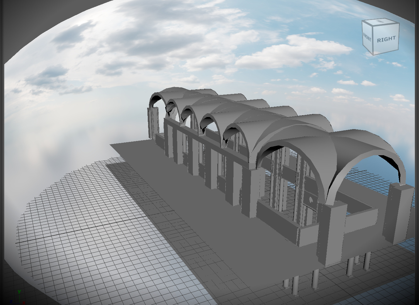 Maya modelling stage showing the arched roof structure added over the building's bays.