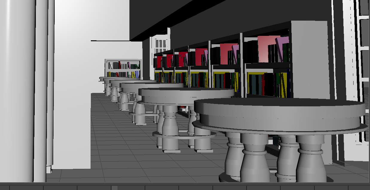 Maya modelling stage showing reading tables and shelving added to the library interior.